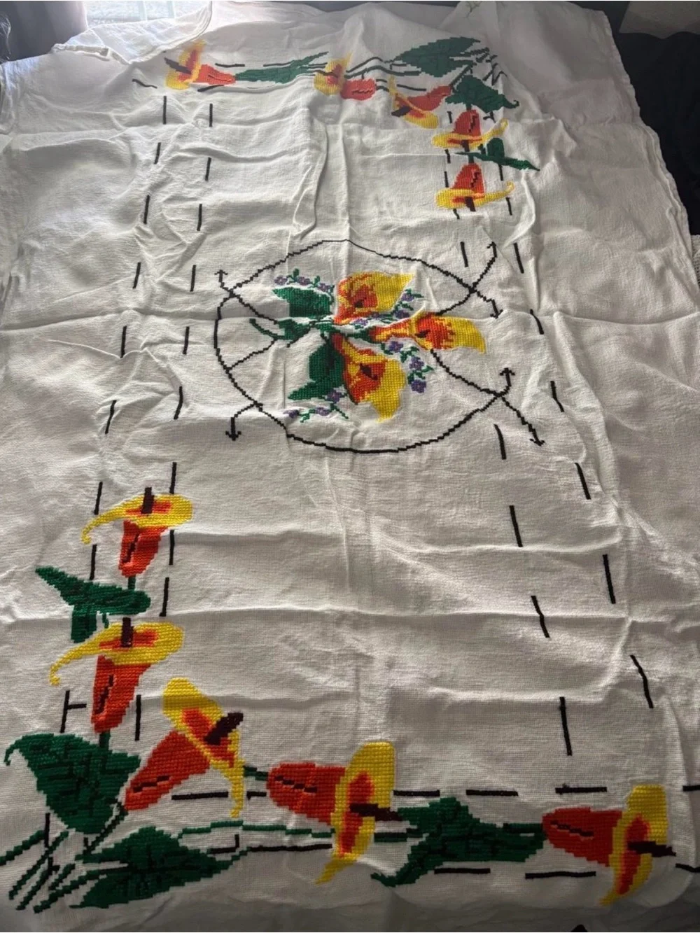 Handmade Floral Table Cover - Yellow & Red Calla Lilies